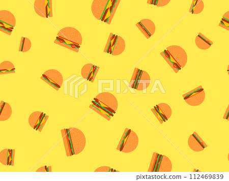 Seamless pattern with cheeseburgers and hamburgers on a yellow background. Cheeseburger with two cutlets. Bun with sesame seeds, cutlet, cheese and sauces. Design for wallpaper. Vector illustration Seamless pattern with cheeseburgers and hamburgers on a yellow background. Cheeseburger with two cutlets. Bun with sesame seeds, cutlet, cheese and sauces. Design for wallpaper. Vector illustration 112469839