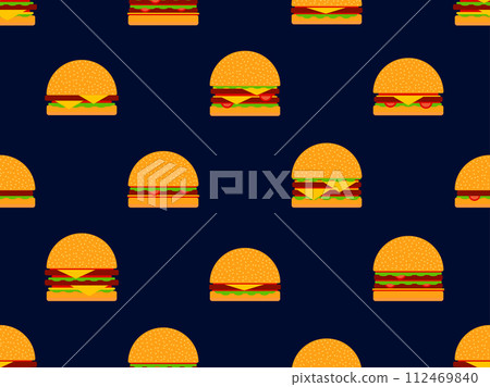 Seamless pattern with cheeseburgers and hamburgers on a black background. Cheeseburger with two cutlets. Bun with sesame seeds, cutlet, cheese and sauces. Design for wallpaper. Vector illustration Seamless pattern with cheeseburgers and hamburgers on a black background. Cheeseburger with two cutlets. Bun with sesame seeds, cutlet, cheese and sauces. Design for wallpaper. Vector illustration 112469840