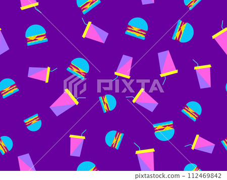 Seamless pattern with burgers and paper cups with soda drinks. Cheeseburgers and hamburgers and fizzy soft drinks. Plastic and paper cups for carbonated drinks. Vector illustration Seamless pattern with burgers and paper cups with soda drinks. Cheeseburgers and hamburgers and fizzy soft drinks. Plastic and paper cups for carbonated drinks. Vector illustration 112469842