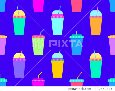 Seamless pattern with plastic or paper cups with a straw. Plastic and paper cups for carbonated drinks. Plastic smoothie glass with straw. Carbonated soft drinks. Vector illustration Seamless pattern with plastic or paper cups with a straw. Plastic and paper cups for carbonated drinks. Plastic smoothie glass with straw. Carbonated soft drinks. Vector illustration 112469843