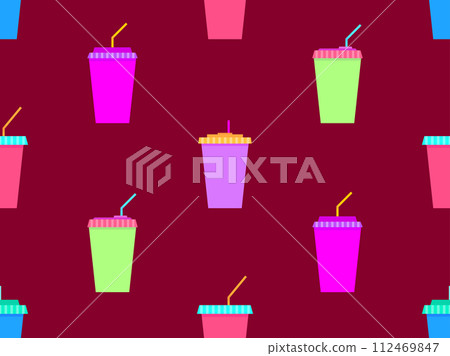 Seamless pattern with plastic or paper cups with a straw. Plastic and paper cups for carbonated drinks. Plastic smoothie glass with straw. Carbonated soft drinks. Vector illustration 112469847