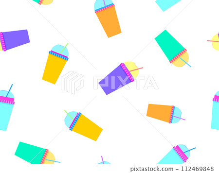 Seamless pattern with plastic or paper cups with a straw. Plastic and paper cups for carbonated drinks. Plastic smoothie glass with straw. Carbonated soft drinks. Vector illustration 112469848