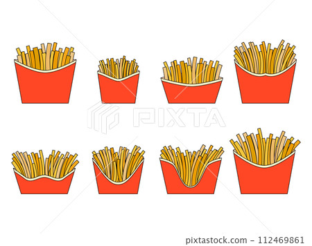 French fries icon set isolated on white background. Fast food, deep fried potatoes. Packaged fries, a delicious snack. Design for banners, posters and promotional products. Vector illustration French fries icon set isolated on white background. Fast food, deep fried potatoes. Packaged fries, a delicious snack. Design for banners, posters and promotional products. Vector illustration 112469861