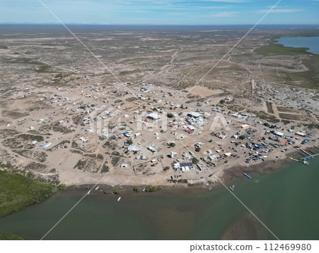 Puerto chale fishermen village baja california sur magdalena bay aerial view panorama 112469980