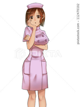 A worried nurse woman puts her hand on her cheek and worries A worried nurse woman puts her hand on her cheek and worries 112470102