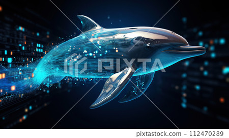AI-generated content. Big data visualization where a digital dolphin swims in the data stream. Futuristic background. Generative AI 112470289