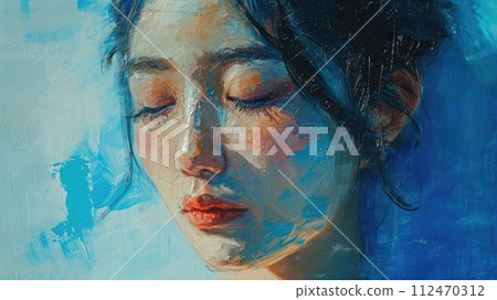 Oil painting of a woman with her eyes downcast_3 112470312