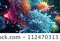 AI-generated content. An ultra-realistic close-up scientific image of microbiota colonies in the intestine. Microbiome. Generative AI 112470313