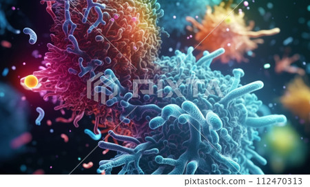 AI-generated content. An ultra-realistic close-up scientific image of microbiota colonies in the intestine. Microbiome. Generative AI 112470313