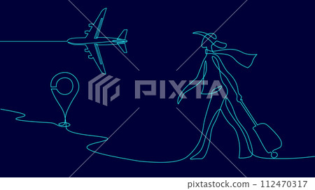 Continuous one single line art travel girl concept. Beautiful woman fashion tourist hand drawn sketch. Summer voyage agency white monochrome vector illustration Continuous one single line art travel girl concept. Beautiful woman fashion tourist hand drawn sketch. Summer voyage agency white monochrome vector illustration 112470317