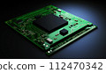AI-generated content. Minimalistic image of green printed circuit board with processor on black background with copying space. Generative AI 112470342