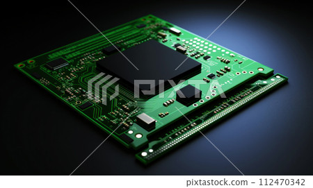 AI-generated content. Minimalistic image of green printed circuit board with processor on black background with copying space. Generative AI 112470342
