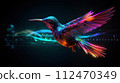 AI-generated content. Big data visualization. Flight of a digital humming bird in neon colors. Information aesthetic design. Generative AI 112470349