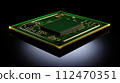 AI-generated content. Minimalistic image of green printed circuit board with processor on black background with copying space. Generative AI 112470351
