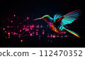 AI-generated content. Big data visualization. Flight of a digital humming bird in neon colors. Information aesthetic design. Generative AI 112470352