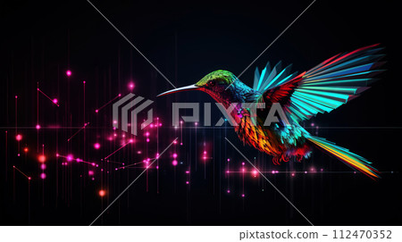 AI-generated content. Big data visualization. Flight of a digital humming bird in neon colors. Information aesthetic design. Generative AI 112470352