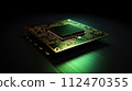AI-generated content. Minimalistic image of green printed circuit board with processor on black background with copying space. Generative AI 112470355