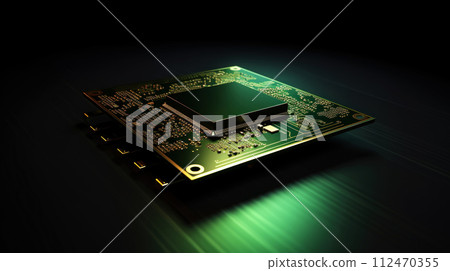 AI-generated content. Minimalistic image of green printed circuit board with processor on black background with copying space. Generative AI AI-generated content. Minimalistic image of green printed circuit board with processor on black background with copying space. Generative AI 112470355