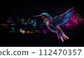 AI-generated content. Big data visualization. Flight of a digital humming bird in neon colors. Information aesthetic design. Generative AI 112470357