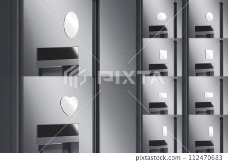 Blank white magnet on fridge mockup, different shapes, side view 112470683