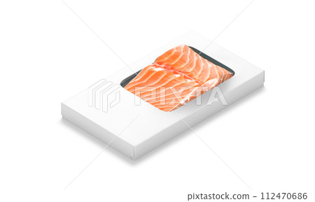 Blank white box pack with salmon mockup, side view Blank white box pack with salmon mockup, side view 112470686