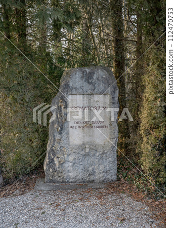 Dachau Concentration Camp victims Monument sign outside the Crematorium says in German: Think about how we died here 112470753