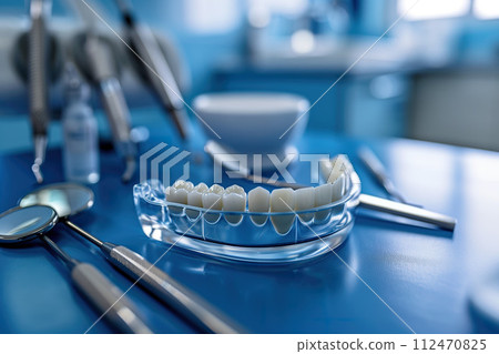 Close-up of prosthetic teeth on a dental tray and dental tools. Generative AI. 112470825