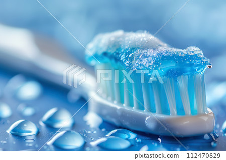 Close-up of a toothbrush with blue gel toothpaste and water droplets. Generative AI. 112470829