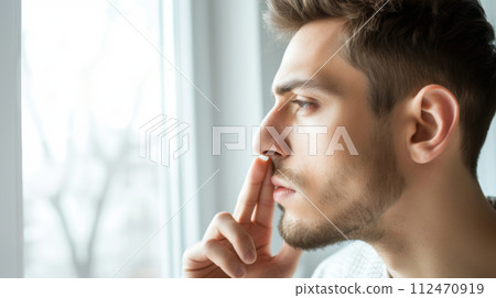 Close-up portrait of a young man with freckles and red beard, confidently looking at the camera 112470919