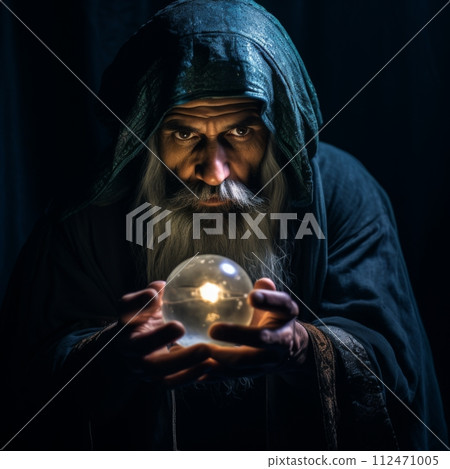 Mysterious Wizard Casting Spell with Crystal Ball, Enigmatic Sorcerer Gazing into Mystical Orb 112471005