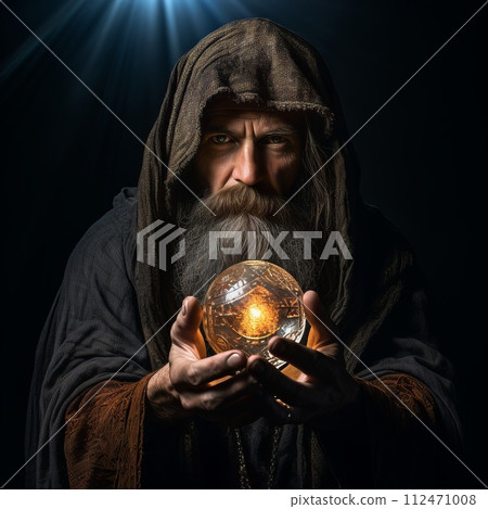 Mystical bearded wizard holding glowing crystal ball, surrounded by ancient symbols and magical aura Mystical bearded wizard holding glowing crystal ball, surrounded by ancient symbols and magical aura 112471008