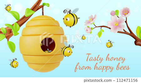 3d Tasty Honey from Happy Bees Concept Banner Poster Card Cartoon Style. Vector illustration of Hive Hanging on a Tree Branch 3d Tasty Honey from Happy Bees Concept Banner Poster Card Cartoon Style. Vector illustration of Hive Hanging on a Tree Branch 112471156