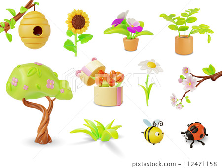 3d Spring Set Cartoon Style Blooming Tree , Bee, Ladybug Insect, Butterfly, Sakura Branch and Pansies Flowerpot. Vector illustration 3d Spring Set Cartoon Style Blooming Tree , Bee, Ladybug Insect, Butterfly, Sakura Branch and Pansies Flowerpot. Vector illustration 112471158