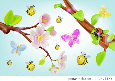 3d Blooming Sakura Branch with Flying around Bees, Butterfly and Ladybug Insect Cartoon Style. Vector illustration 3d Blooming Sakura Branch with Flying around Bees, Butterfly and Ladybug Insect Cartoon Style. Vector illustration 112471163