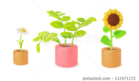 3d Houseplant Concept Chamomile and Sunflower in Cachepots Set Cartoon Style. Vector illustration 112471172