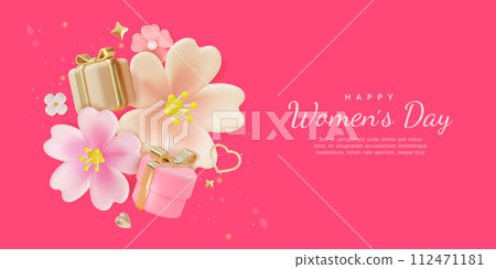 3d Happy International Women Day Banner Concept Poster Card Cartoon Style. Vector illustration of Blooming Cherry and Floating Gift Boxes Around 112471181