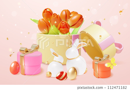 3d Happy Easter Concept Background Cartoon Style Spring Holiday. Vector illustration of Tulips in Gift Box and Rabbit Figurine 3d Happy Easter Concept Background Cartoon Style Spring Holiday. Vector illustration of Tulips in Gift Box and Rabbit Figurine 112471182