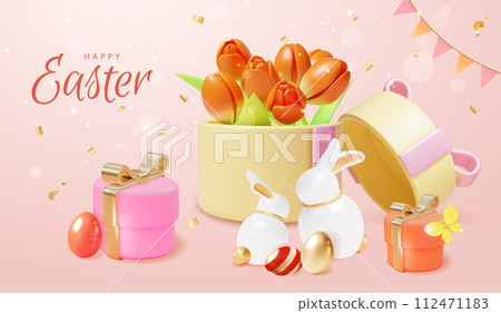 3d Happy Easter Concept Banner Poster Card Cartoon Style. Vector illustration of Tulips in Gift Box and Rabbit Figurine 112471183