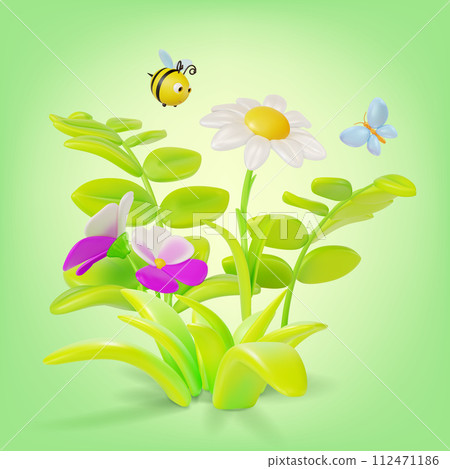 3d Different Flowers in Grass with Flying around Ladybug Insect and Butterfly Cartoon Style. Vector illustration 112471186