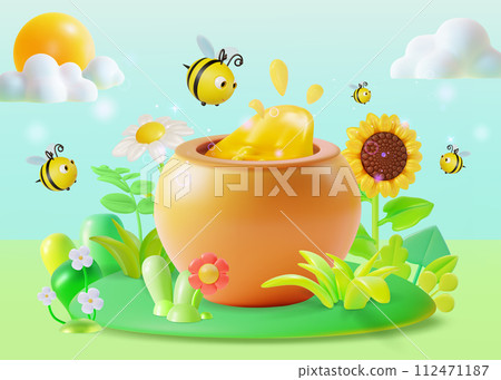 3d Organic Farm Products Flower Honey Concept Background Cartoon Style. Vector illustration of Honeypot and Flying around Bees 112471187