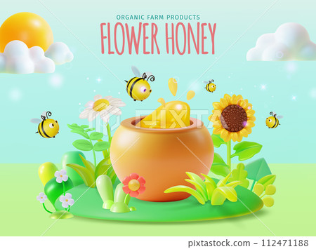 3d Organic Farm Products Flower Honey Concept Banner Poster Card Cartoon Style. Vector illustration of Honeypot 3d Organic Farm Products Flower Honey Concept Banner Poster Card Cartoon Style. Vector illustration of Honeypot 112471188