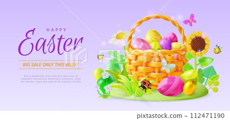 3d Happy Easter Big Sale Ads Banner Concept Poster Card. Vector illustration of Eggs Basket with Flying around Bees, Ladybug Insect and Butterfly 112471190