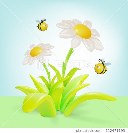 3d Chamomile Flower in Bloom with Flying around Bees Insects Spring Concept Cartoon Style. Vector illustration 3d Chamomile Flower in Bloom with Flying around Bees Insects Spring Concept Cartoon Style. Vector illustration 112471193