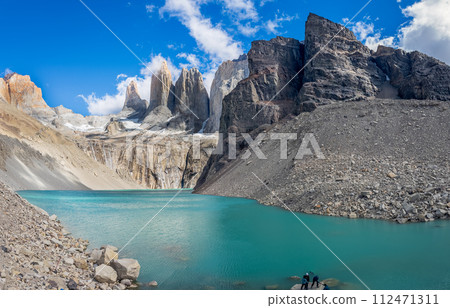 Majestic Mountain Peaks Overlooking a Turquoise Lake Majestic Mountain Peaks Overlooking a Turquoise Lake 112471311