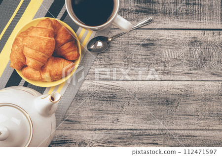 Delicious hot fresh pastries. Freshly baked croissants. Warm Fresh Buttery Croissants . Coffee. 112471597