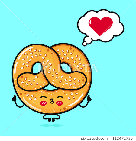 French pretzel doing yoga with speech bubble. Vector hand drawn cartoon kawaii character illustration icon. Isolated on blue background. French pretzel in love character concept 112471756