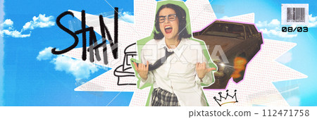 Young girl in school uniform style clothes listening to music in headphones and dancing over abstract background. Contemporary art collage. 112471758