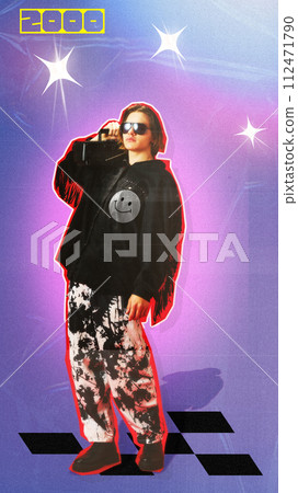 Stylish young guy in oversized sport style casual clothes listening to music with retro music player holding on shoulder. Contemporary art collage. 112471790