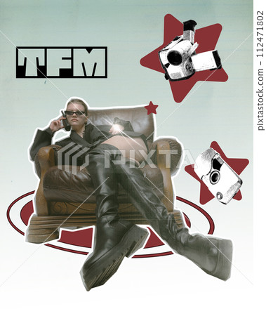 Stylish young girl in leather outfit and sunglasses siting on big leather chai and talking on retro phone. Contemporary art collage. Stylish young girl in leather outfit and sunglasses siting on big leather chai and talking on retro phone. Contemporary art collage. 112471802