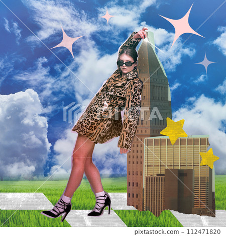 Young girl in leopard print coat and high heels posing with abstract urban building over blue sky background and sparkles. Contemporary art collage. Young girl in leopard print coat and high heels posing with abstract urban building over blue sky background and sparkles. Contemporary art collage. 112471820